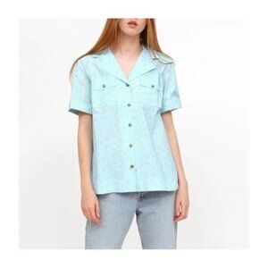 Ganni Floral Organic Cotton Poplin Button Up Short Sleeve Shirt